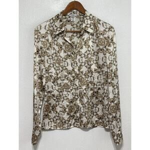 VTG 90s Y2K Cache Silk Button Blouse M Cream Brown Corpcore Girl Boss City Chic
